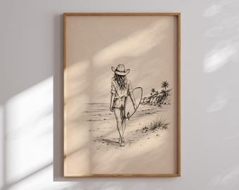 Cowgirl Printable Wall Art Summer Beach Print Vintage Surfer Girl  Sketch Beach House Artwork
