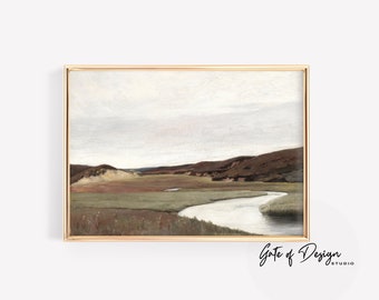 Rustic River Landscape Art Print: Vintage Countryside Painting (Digital Download)