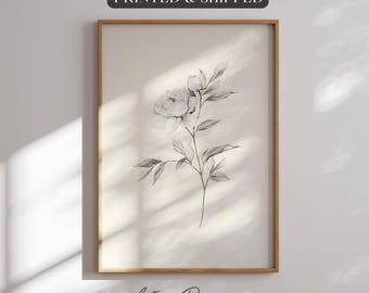 Framed Botanical Line Art Print: Vintage Peony Sketch, Neutral Home Decor