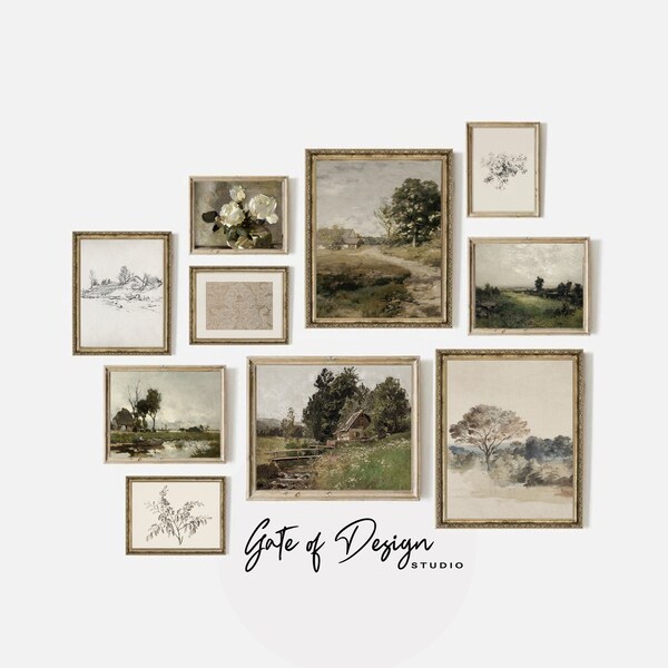 Vintage Rustic Landscape Gallery Wall Art Set, Dark Green Printable Art, Rural Countryside Farmhouse Wall Decor, Digital Download Paintings