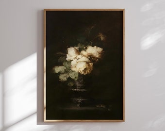 Art mural vintage roses blanches sombres académiques, impression d'art floral de mauvaise humeur, décoration d'intérieur de salon, peinture à l'huile de fleurs anciennes, art mural téléchargeable