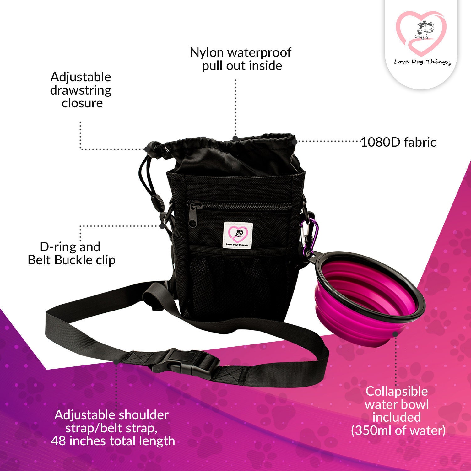 Travel Spacious Bag for Dogs with Built-in Poop Bag Dispenser Waterproof Liner with Shoulder Strap Love Dog Things Dog Treat Bag Pouch for Training 