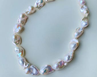 16.1" Natural Freshwater White Rainbow Fireball Baroque pearls necklace 1 Strand High Luster Large Size Pearl for Your Unique Jewelry Design