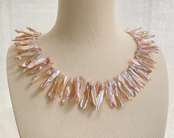 Genuine Pink Rainbow Biwa Pearl Strand – Natural High Luster Organic Shape Beads, High Quality Loose Pearls for Necklace Jewelry Making