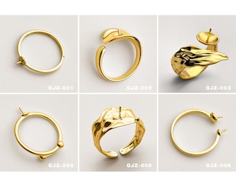 Anillo en blanco de plata esterlina S925 chapado en oro con base de anillo de plata ajustable para la fabricación de joyas de anillos y perlas.