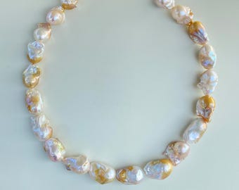 15.8“ Natural freshwater White Gold Rainbow Fireball Baroque pearls necklace 1 Strand High Luster Large Size Pearl for Unique Jewelry Design