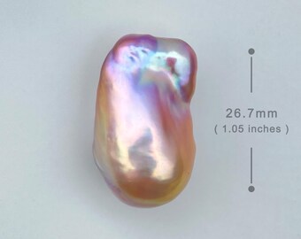 May include: A large, iridescent, baroque pearl with a pink hue. The pearl measures 26.7 mm (1.05 inches) in diameter. BPA-0075