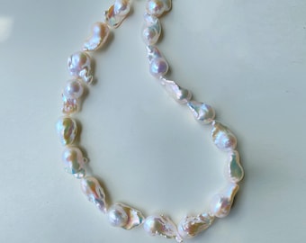 15.6" Natural Freshwater White Rainbow Fireball Baroque pearls necklace 1 Strand High Luster Large Size Pearl for Your Unique Jewelry Design