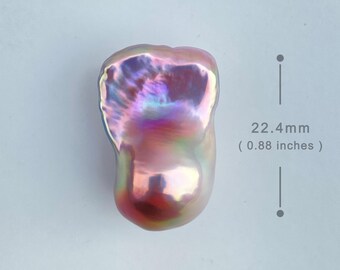 May include: A large, irregularly shaped pearl with a lustrous, iridescent surface. The pearl is primarily a warm pink color, with hints of blue and green. It measures 0.88 inches in length and is labeled BPA-0279.