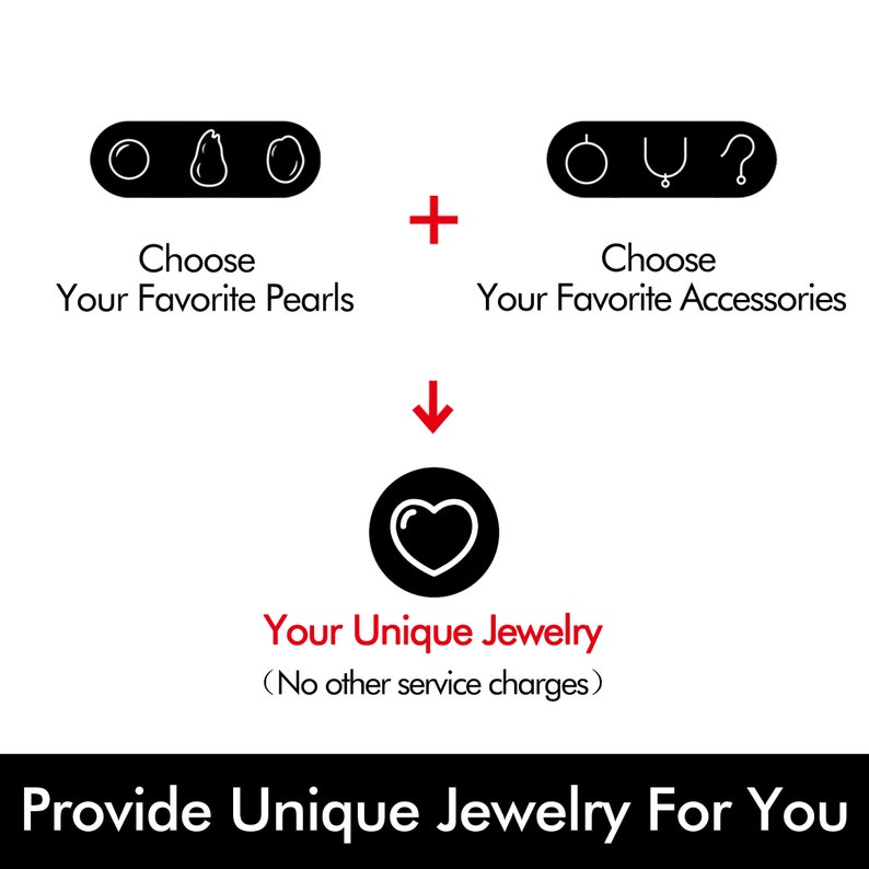 May include: Diagram showing how to create custom jewelry by choosing your favorite pearls and accessories. The text reads "Choose Your Favorite Pearls" and "Choose Your Favorite Accessories".  The final result is "Your Unique Jewelry (No other service charges)".