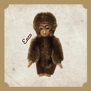 May include: A vintage brown plush monkey doll with a detailed face and fur texture. The doll has a hood and small arms and legs. The name "Enzo" is written on the side of the doll in a cursive font. The doll is set against a neutral background.