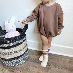 BROWN Personalized Sweater Bubble Romper, Embroidered Oversized Sweatshirt Romper, Gender Neutral Bubble Romper, Customized Baby Gift
