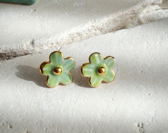 Handmade Porcelain Flower Stud Earrings: Green Glaze, 24k Gold