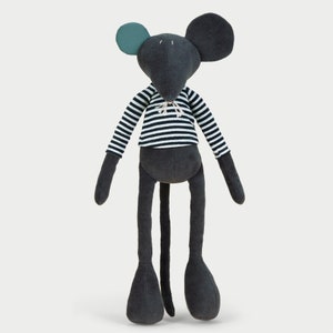 Hector blue plush mouse - Large - With teddy bear clothing Marinière - Stuffed animal handmade, organic cotton, plushies for kids and adults