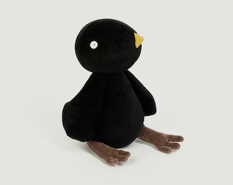 Handmade Plush Blackbird Toy - Black fabric - Soft Organic Cotton Stuffed Animal - Eco-Friendly Bird Plush for Gifts, Kids, and Collectors
