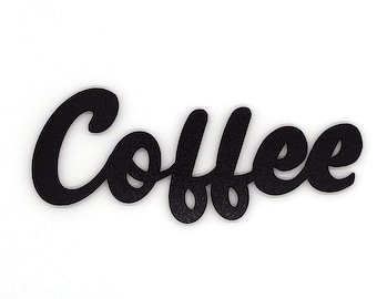 May include: Black cursive word "Coffee" on a white background.
