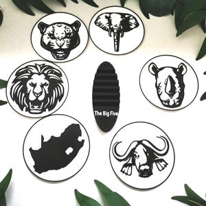 Conjunto de porta-copos (6): leão, leopardo, rinoceronte, elefante, búfalo e o mapa da África do Sul | porta-copos, feitos à mão | Os cinco grandes