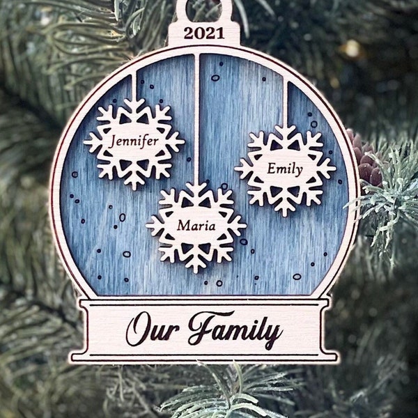 Family Names Snowflake Snowglobe Personalized Ornament, Custom Family Christmas Ornament, Our Family 2023, Grandkids Ornament, Team Ornament