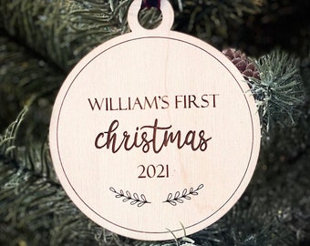 Personalized Baby’s First Christmas Wooden Engraved Ornament, Baby Milestone Ornament