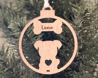 Pet Name Engraved Wooden Ornament, Dog or Puppy Personalized Ornament, Pet Memorial Ornament