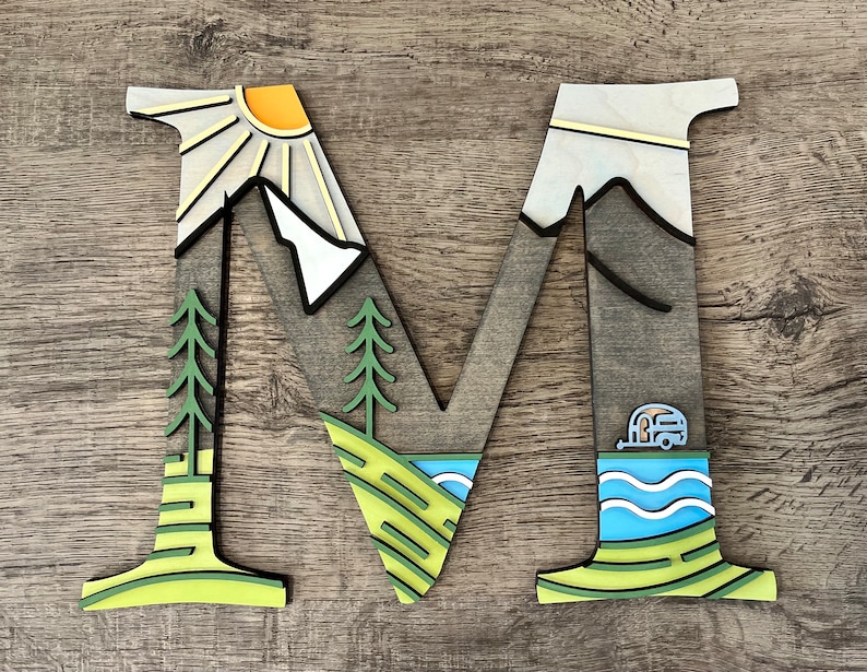 Monogram Camping RV Life 3D Wall Decor, Home Away From Home Decor, Camping Decor, Last Name Decor, Camper or Tent Mountain and Lake Design image 1