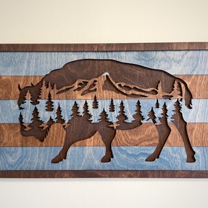 7&quot;x12&quot; or 10&quot;x18” Wooden Buffalo Mountain Wall Art, Cabin Home Decor, Mountain Landscape Art, Father’s Day Gift