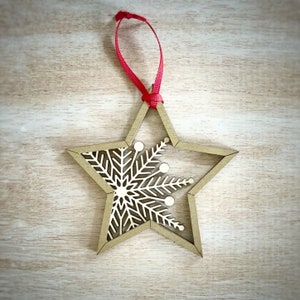 Wooden Snowflake Double Layered Ornaments, Gold and White Snowflakes, Dark Walnut and White Snowflake Tree Decor image 7