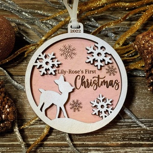 Baby’s First Christmas 2023 Wooden Ornament, Baby Reindeer Pink and Blue or Neutral Ornament, Personalized Engraved Baby Stats Ornament