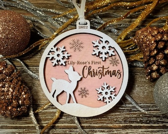 Baby’s First Christmas 2023 Wooden Ornament, Baby Reindeer Pink and Blue or Neutral Ornament, Personalized Engraved Baby Stats Ornament