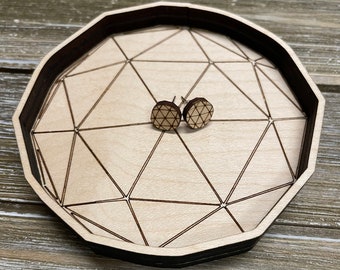 Geometric Engraved Wooden Jewelry or Trinket Dish, Customizable Maple Ring or Earring Storage Holder