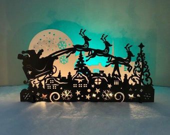 Santa and Reindeer Christmas Scene Home Decor, Snowglobe and Snowflakes Santa Mantle Decoration, Santa Sleigh Decor