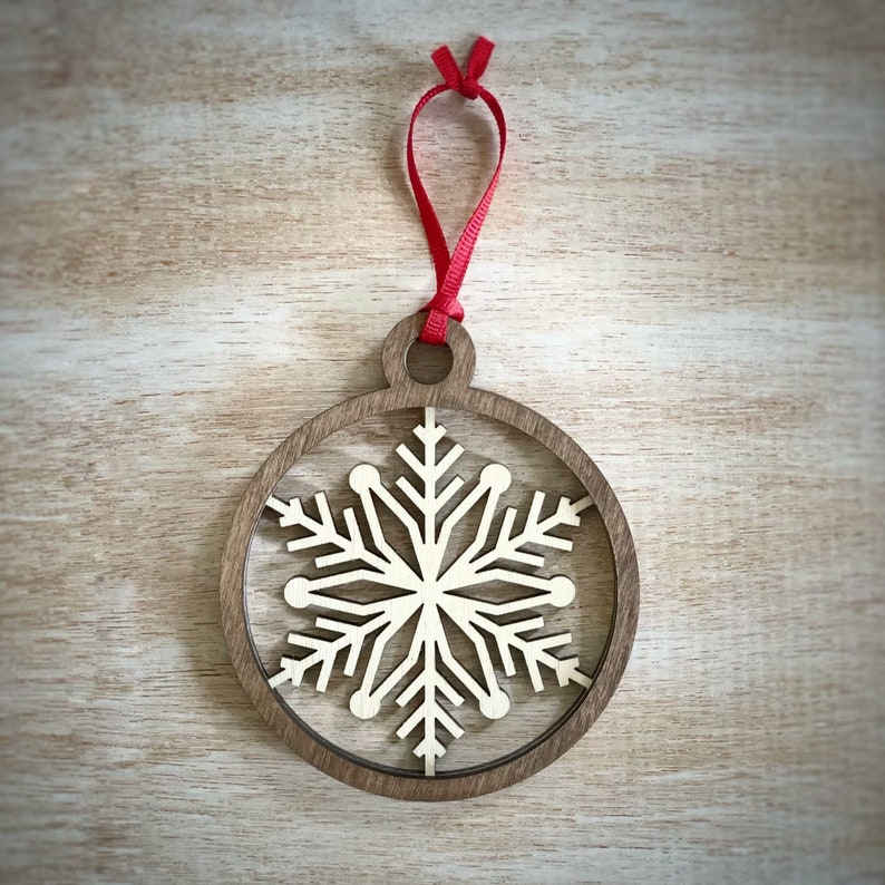 Wooden Snowflake Double Layered Ornaments, Gold and White Snowflakes, Dark Walnut and White Snowflake Tree Decor image 4