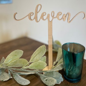 May include: Wooden table number sign with the word "eleven" written in cursive. The sign is on a wooden stand and is surrounded by green foliage.