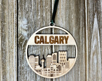 City of Calgary Skyline Ornament, Wooden Engraved Calgary Ornament