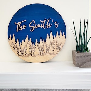 Family Name Sign Round Wooden, Treeline Name Signage, Nature Landscape Layered Wooden Wall Decor 18&quot; 24&quot;