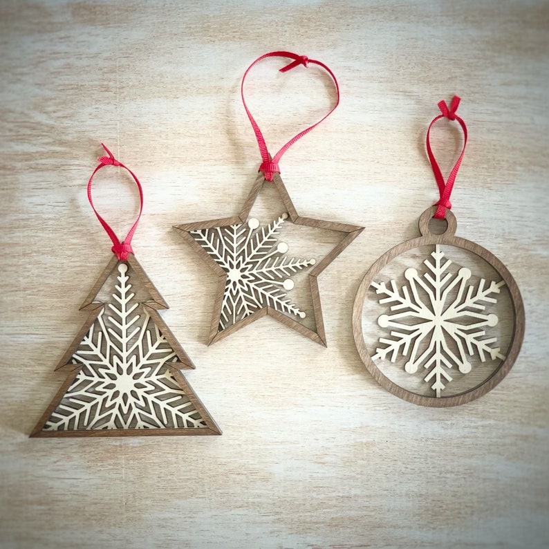 Wooden Snowflake Double Layered Ornaments, Gold and White Snowflakes, Dark Walnut and White Snowflake Tree Decor 3 Ornaments