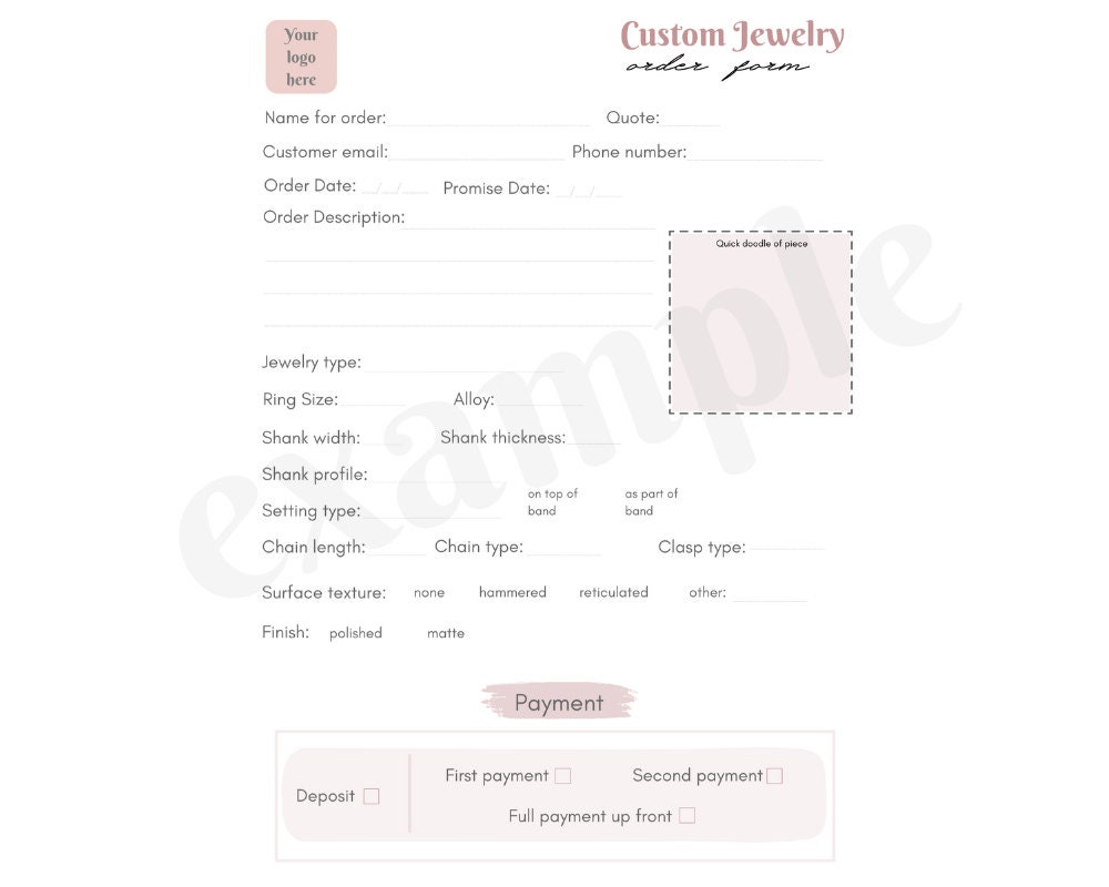 Printable Jewelry Order Form Template for Custom Commissions, Digital