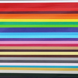 May include: A vibrant assortment of colorful paper sheets arranged in horizontal stripes. The spectrum includes shades of red, orange, yellow, green, blue, purple, pink, brown, gray, and black. The paper appears to be thin and lightweight.