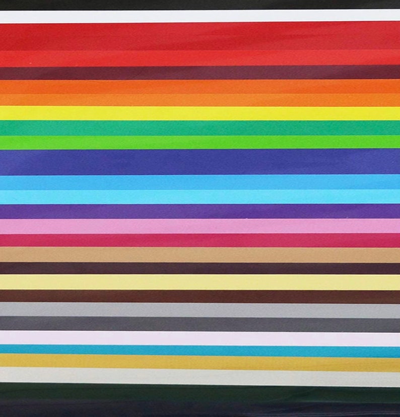 May include: A vibrant assortment of colorful paper sheets arranged in horizontal stripes. The spectrum includes shades of red, orange, yellow, green, blue, purple, pink, brown, gray, and black. The paper appears to be thin and lightweight.