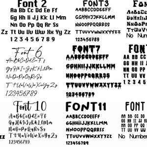 May include: A black and white image showcasing 12 different font styles, each displaying the alphabet and numbers. The fonts vary in style, from classic to decorative, with some including unique design elements.