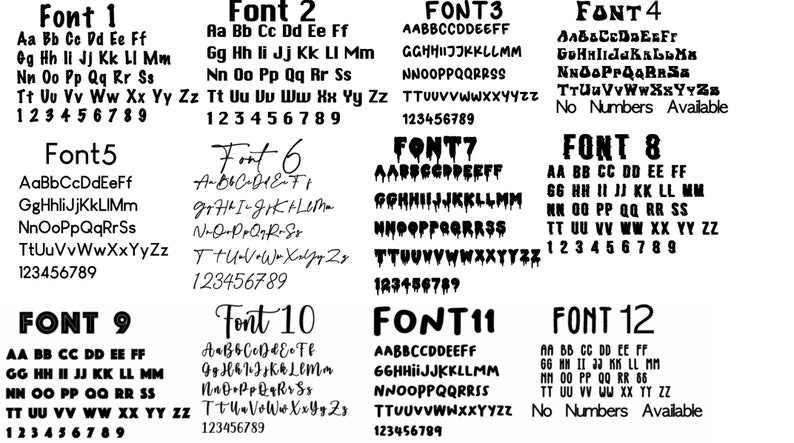 May include: A black and white image showcasing 12 different font styles, each displaying the alphabet and numbers. The fonts vary in style, from classic to decorative, with some including unique design elements.