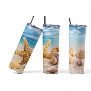 Seashells Beach Ocean Tumbler Wrap PNG Sublimation Designs Download - Skinny 20oz - Vacation Travel