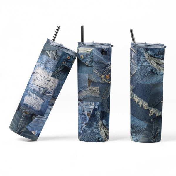 Denim Patchwork  Tumbler Wrap PNG Sublimation Designs Download - Skinny Tumbler  20oz - PNG 2022