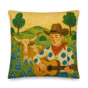 Texas Pillow, Texas State Art Throw Pillow, Longhorn, Bluebonnets, Cowboy, Texas Souvenir Gift, Couch Pillow, Texas Home Decor, House gift