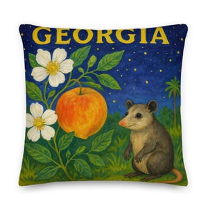 Georgia Pillow, Georgia State Art Throw Pillow, Peach & Cherokee Rose Design, Georgia Souvenir Gift, Couch Pillow, Georgia Home Decor