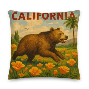 May include: Square throw pillow featuring a vintage-style illustration of a brown bear running through a field of orange flowers. The word "CALIFORNIA" is printed in red across the top, with a palm tree in the background.
