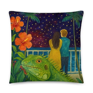 Iguana & Hibiscus Florida Pillow: Art Throw Pillow, Souvenir Gift