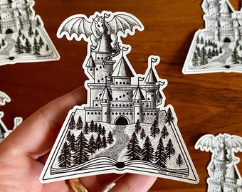 Fantasy Dragon Castle Sticker, Book Lover Gift