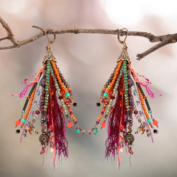 Colorful, handmade, bead and mixed textile tassels earrings