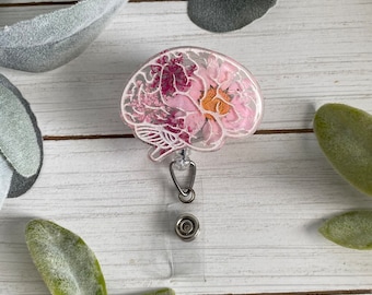 resin brain badge reel | glitter badge reel | custom badge reel | floral badge reel | handmade badge reel |